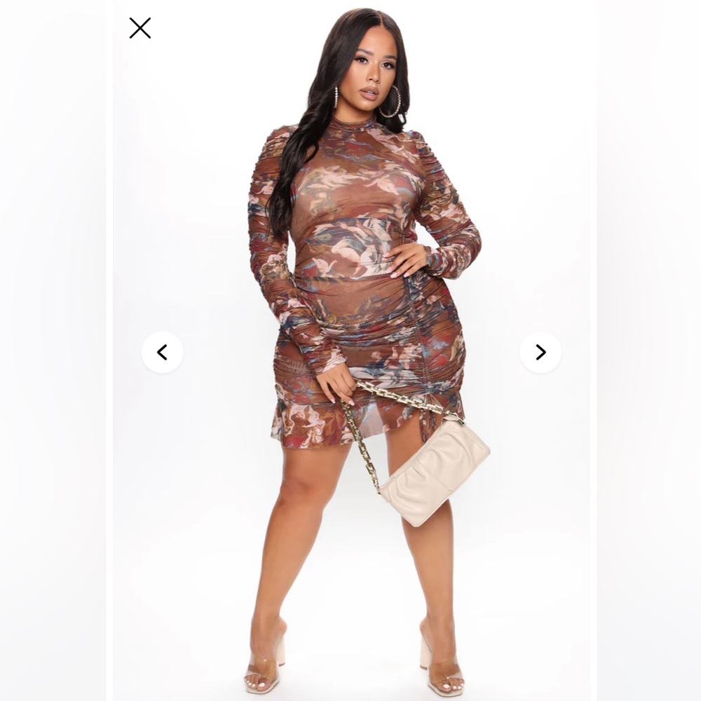 Fashion Nova Brown sheer Bodycon mesh dress ruched Baby Angel print 1X club